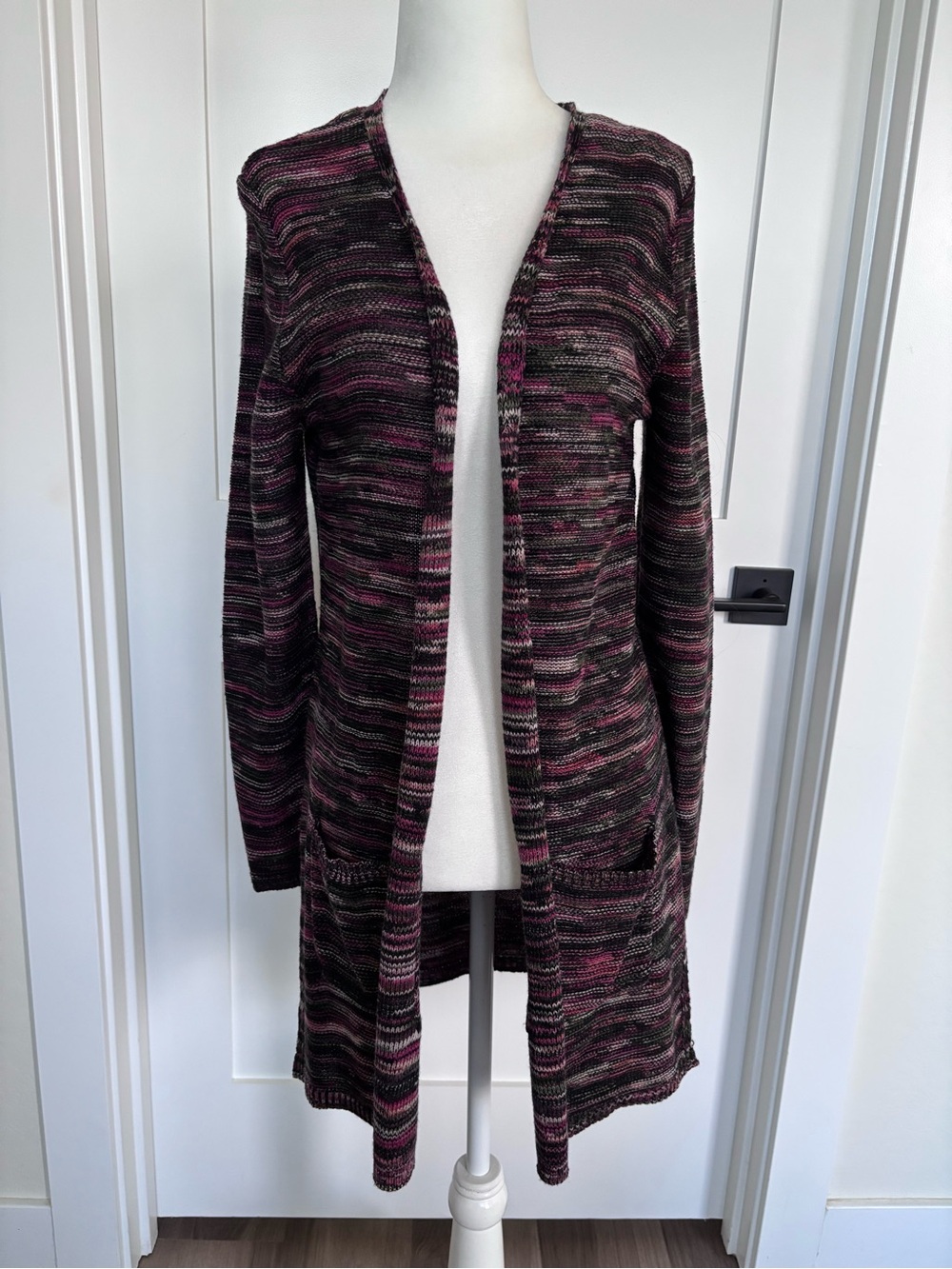 Lee Open-Front Long Cardigan in Pink and Black Space-Dye